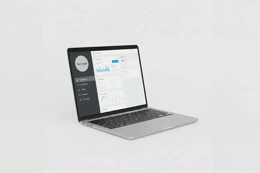 A silver laptop open on a white background, displaying a dashboard user interface with charts, statistics, and navigation menus. The "Your Logo" logo is visible in the top left corner of the screen.