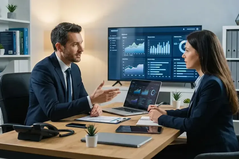 Professionnels en réunion de conseil en informatique, discutant de projets autour d'une table avec des écrans affichant des graphiques et des données.