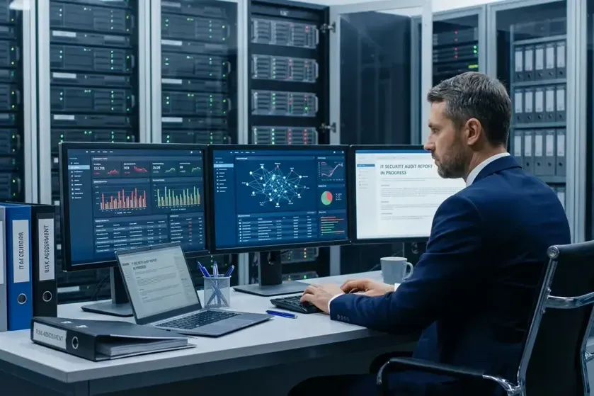 Un professionnel en costume examinant des graphiques et des données sur un grand écran, avec des éléments de cybersécurité et de réseau en arrière-plan, illustrant un audit dans une entreprise IT.