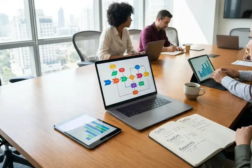 Réunion de travail avec diagramme de flux sur ordinateur portable, graphiques sur tablettes et notes sur carnet, vue sur la ville en arrière-plan.