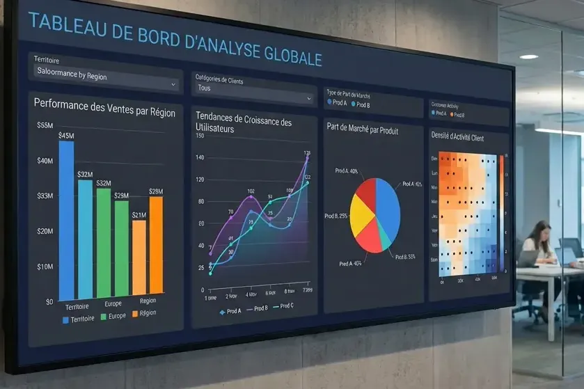 Tableau de bord d'analyse globale affichant les performances des ventes par région, les tendances de croissance des utilisateurs, la part de marché par produit et la densité d'activité client.