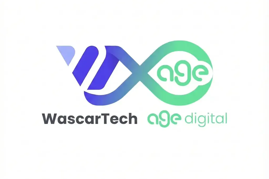 Un logo combinant les marques "WascarTech" et "age digital". Le logo de WascarTech présente un design en forme de flèche avec des nuances de bleu, tandis que le logo de age digital présente un design circulaire vert avec le texte "age" en blanc.