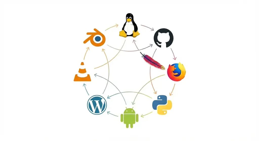 Une illustration montrant un pingouin au centre entouré de divers logos de logiciels et de technologies, avec des flèches reliant les logos entre eux, symbolisant l'interconnexion et l'interopérabilité des différentes technologies.