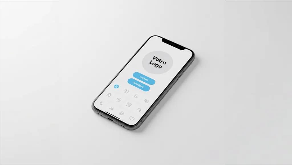 Un smartphone noir posé sur un fond blanc, affichant une application avec un logo "Votre Logo".