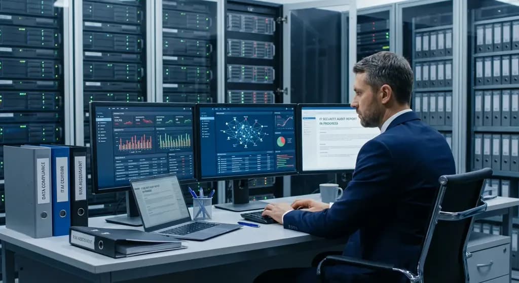 Un professionnel en costume examinant des graphiques et des données sur un grand écran, avec des éléments de cybersécurité et de réseau en arrière-plan, illustrant un audit dans une entreprise IT.