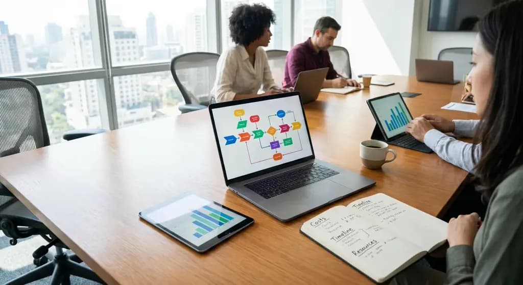 Réunion de travail avec diagramme de flux sur ordinateur portable, graphiques sur tablettes et notes sur carnet, vue sur la ville en arrière-plan.