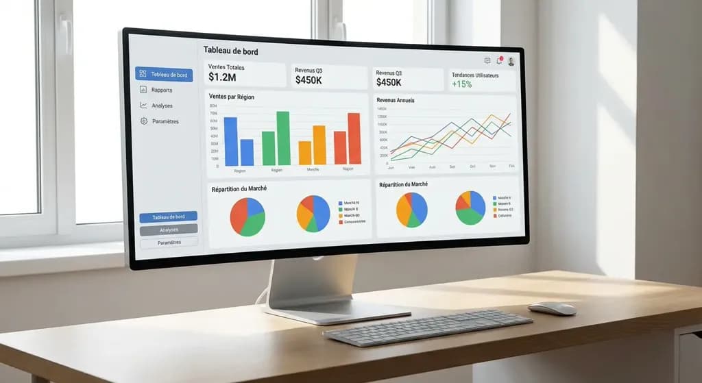 Un ordinateur avec un tableau de bord affichant des données agrégées, incluant des graphiques, des tableaux et des indicateurs de performance.