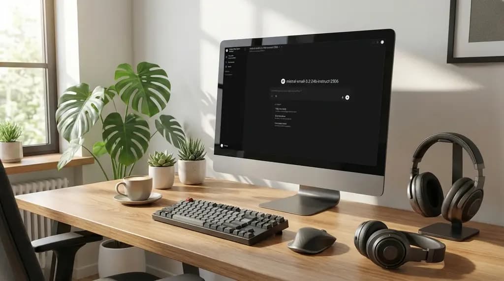 Interface utilisateur d'un chat IA nommé 'mistral-small-3.2-24b-instruct-2506' avec des options de suggestions pour aider à étudier, donner des idées et vérifier la grammaire.