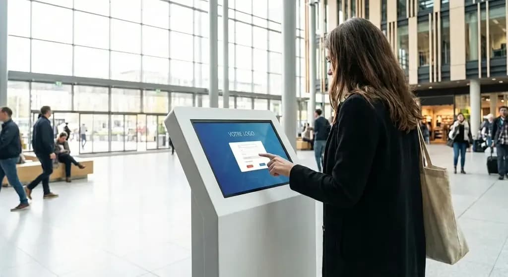Une femme utilisant un kiosque interactif dans un centre commercial, avec le texte "VOTRE LOGO" affiché sur l'écran du kiosque.